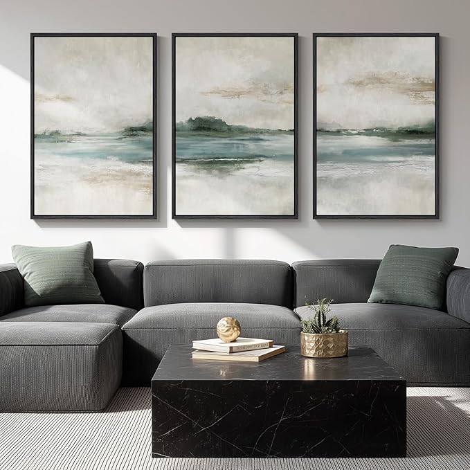Large Framed Abstract Nature Landscape Wall Art for Living Room, Set of 3 Modern Canvas Prints Paintings Artwork for Walls, Green Lake Pictures for Hallway, Dining Room, Office Wall Decor 24x36 Inch-Ruum Studio Home