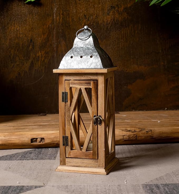 Large Farmhouse Wooden Metal Lantern Set of 2, Rustic Decorative Floor Candle Lanterns, Indoor/Outdoor Hanging Lanterns for Home Decor (No Glass)-Ruum Studio Home