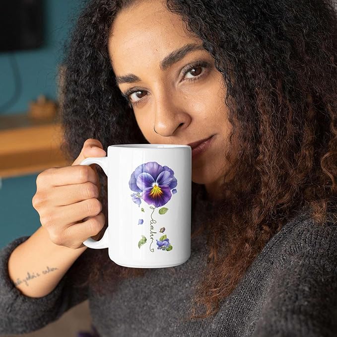 Pansy Design Ceramic Cup, Personalized Name Flower Themed Mug, Custom Coffee Cup For Pansy Flower Lover, Customized Floral Accent Mug 11oz 15oz, Pansy Cup Gift For Daughter-Ruum Studio Home