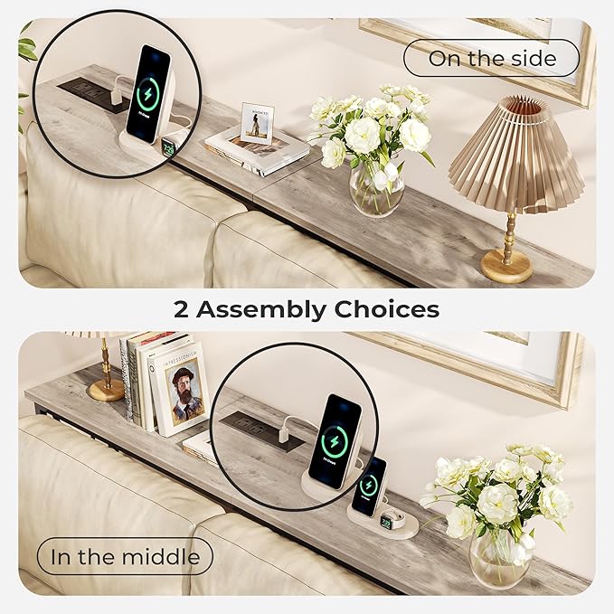 SUPERJARE 70 Inch Console Table with Outlets and USB-C Port, Extra Long Behind Couch Sofa Table with X-Shaped Design, Narrow for Entryway, Living Room, Metal Frame, Wooden Top, Grey Oak-Ruum Studio Home