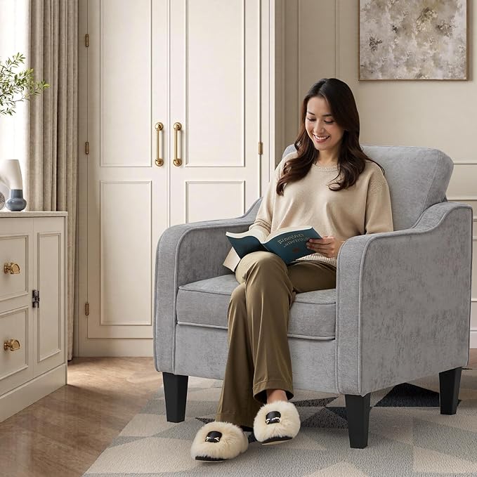 Accent Chairs Set of 2, Upholstered Living Room Chairs with Side Pockets, Mid Century Modern Reading Chair for Bedroom, Comfy Armchair Single Sofa Side Chair for Office, Small Room, Light Grey-Ruum Studio Home