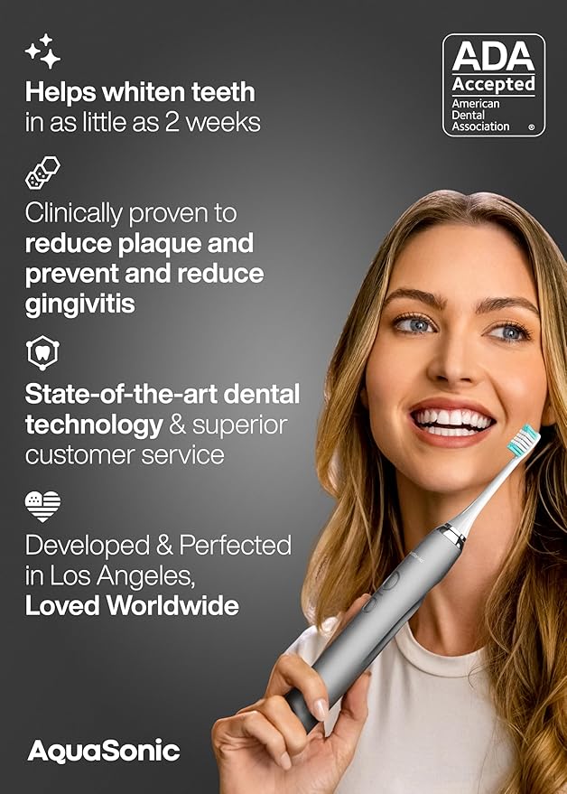 Aquasonic Vibe Series Ultra-Whitening Toothbrush – ADA Accepted Electric Toothbrush - 8 Brush Heads & Travel Case – 40,000 VPM Motor & Wireless Charging - 4 Modes w Smart Timer – Charcoal Metallic-Ruum Studio Home