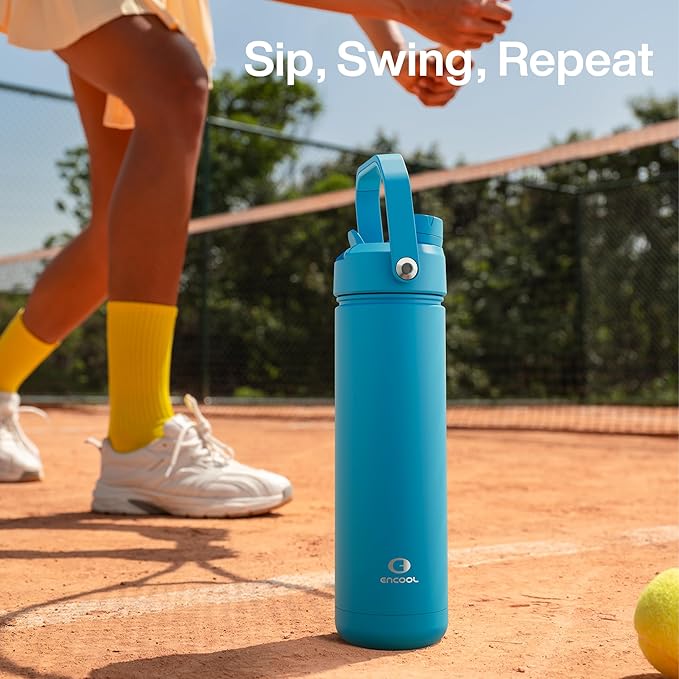 Insulated Water Bottle with Straw - Encool Stainless Steel Water Bottle, Leak-Proof, BPA-Free, Double Wall Vacuum Keeps Cold for 24 Hours for Sports, Travel, School (26 oz, Azure Blue)-Ruum Studio Home