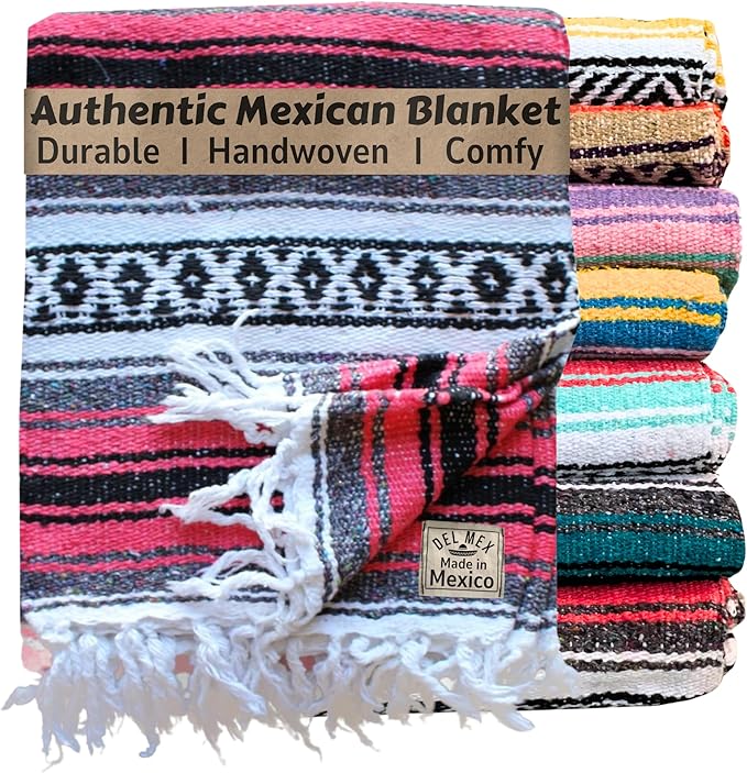 Del Mex Classic Mexican Blanket, Large Authentic Woven Falsa Throw (70"x50"), Artisan Southwest Décor for Beach, Yoga, Outdoors (Salmon)-Ruum Studio Home