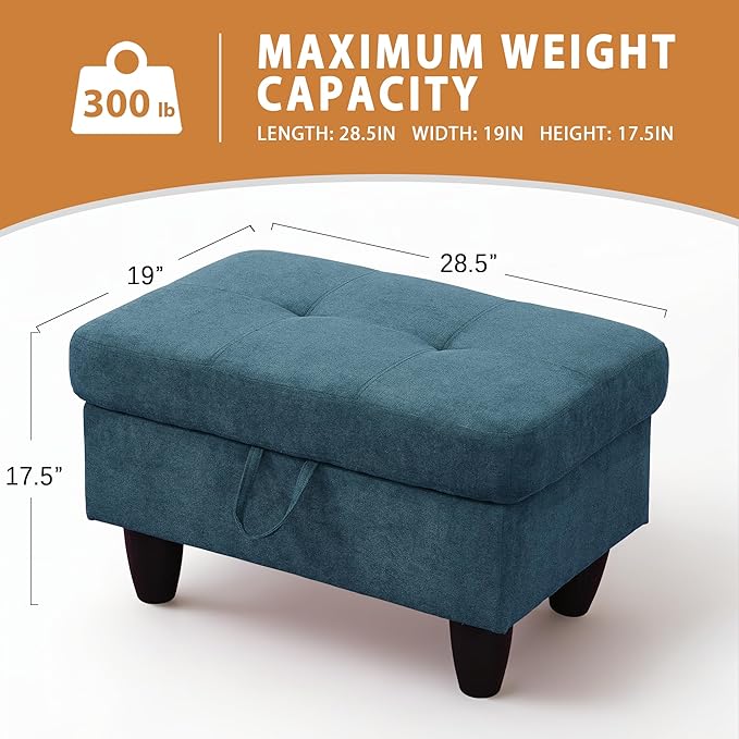 Ottoman Rectangular Storage Ottoman Bench, Flannel Footrest Stool Footstool with Lid for Living Room, Bedroom, Entryway, Lake Blue, 28.5"x19"x17.5"-Ruum Studio Home