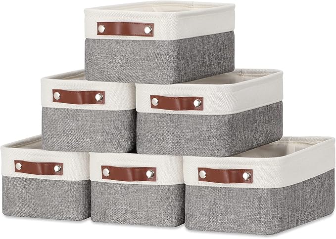 DULLEMELO Small Storage Baskets 6 Pack, Fabric Collapsible Gift Storage Baskets for Shelves, Closets, Nursery, Home, Office Organizing,Small Canvas Linen Rectangular Storage Bins (6-Pack, White&Grey)-Ruum Studio Home