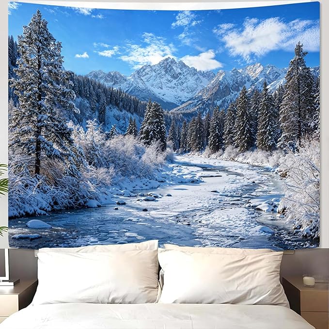 AMM Winter Forest Snow Mountain Tapestry Snowy Pine Tree Woodland Tapestry for Bedroom Aesthetic White Clouds Flowing River Landscape Tapestries Wall Hanging for Living Room Dorm Office 80 x 60 Inch-Ruum Studio Home