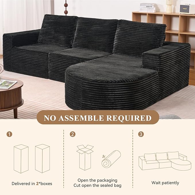 Modular Sectional Sofa with L-Shape Chaise,Cloud Sectional Modern Sleeper Couch with Deep Seat,Sponge Compression Sofas No Assembly Required (Black-Sherpa Fabric) 1PCS-Ruum Studio Home