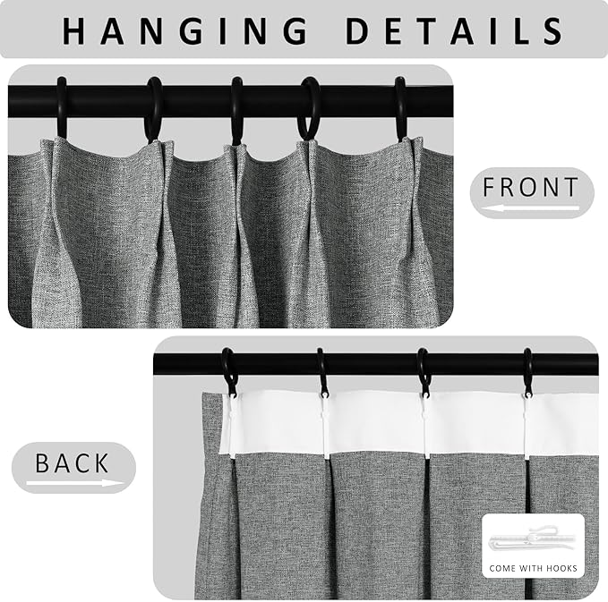 Macochico 120”Wx102”L 100% Blackout Linen Curtains Pinch Pleated Thermal Panels for Sliding Door Bedroom Living Room Farmhouse Shabby Chic Mid Grey Burlap Curtains with Tieback 1 Panel-Ruum Studio Home