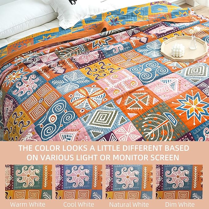 Boho Throw Blanket for Bed - 100% Pure Cotton Ultra Soft Rustic Quilt - Farmhouse Decor Bed Blankets, All Season Rustic Throw for Sofa Couch Chair(80''x 90'', Art Squares)-Ruum Studio Home