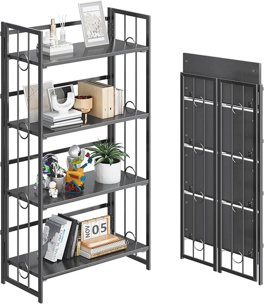 4NM No Assembly 4 Tiers Folding Bookshelf, 47.2" H Foldable Storage Shelves Vintage Bookcase Standing Racks Study Organizer Home Office - All Black-Ruum Studio Home