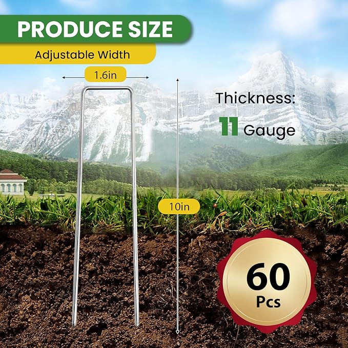 Landscape Staples Galvanized 10 Inch 60 Pcs, Metal Garden Stakes 1.6 Inch, Garden Staples for Weed Barrier Lawn 11 Gauge-Ruum Studio Home