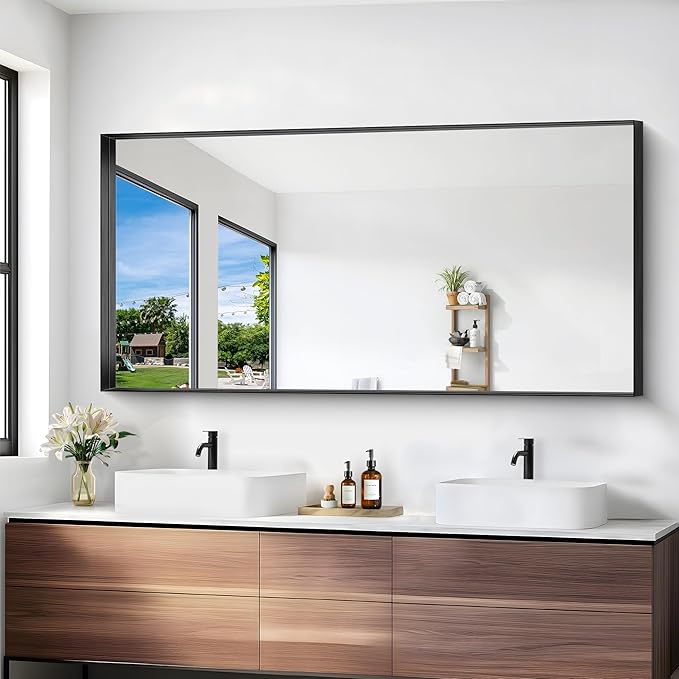 Black Bathroom Mirror, 30x60 Inch Rectangular Deep Frame Mirror, Large Wall Mounted Bathroom Vanity Mirror Over Sink for Bedroom,Restroom, Living Room, Hangs Vertically or Horizontally-Ruum Studio Home