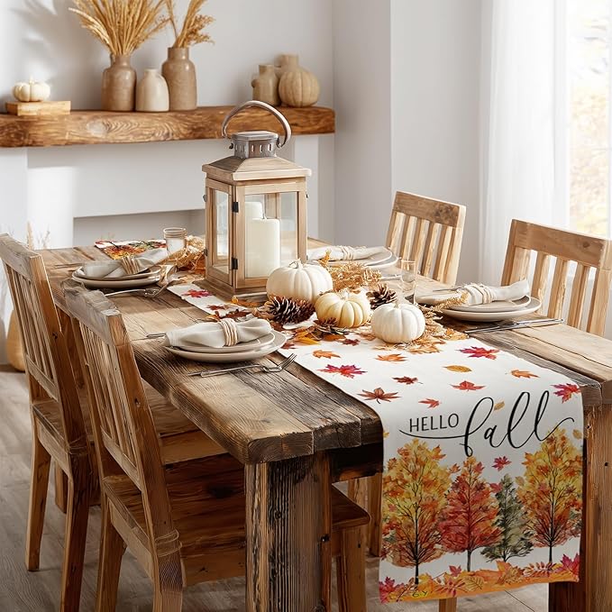 GEEORY Fall Watercolor Trees & Maple Leaves Table Runner 13x72 Inch, Rustic Farmhouse Autumn Thanksgiving Decor for Kitchen, Dining, Indoor/Outdoor Holiday Dinner Party Orange Red GT160-72-Ruum Studio Home