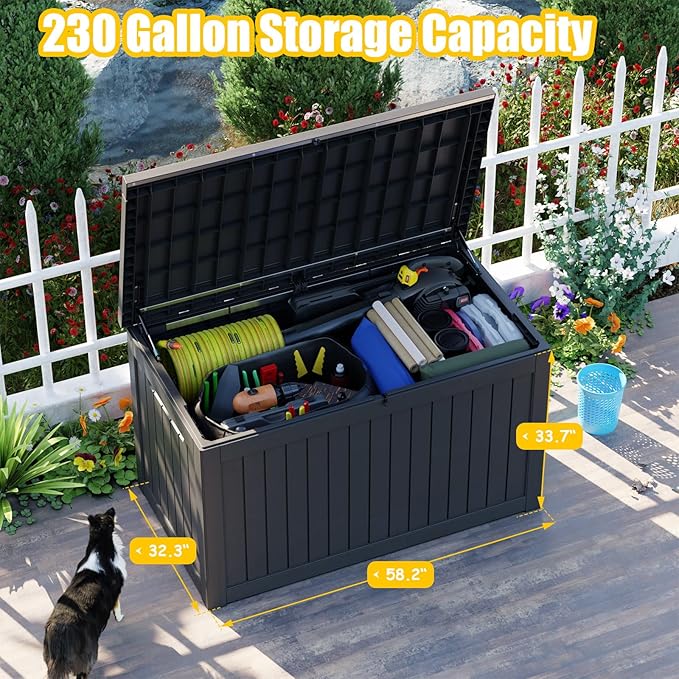 XXL 230 Gallon Large Resin Deck Box, Lockable Outdoor Storage Box for Patio Cushions Storage Furniture,Garden Tools, Pool Supplies, Weatherproof and UV Resistant- Black (230 Gallon)-Ruum Studio Home