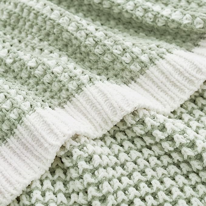 Amélie Home Chenille Waffle Throw Blanket for Couch, Reversible Pineapple Stitch Knit Soft Cozy Knit Blanket Lightweight Warm Decorative Throw for Sofa, Bed, Living Room, 50"x60", Sage Green&Ivory-Ruum Studio Home