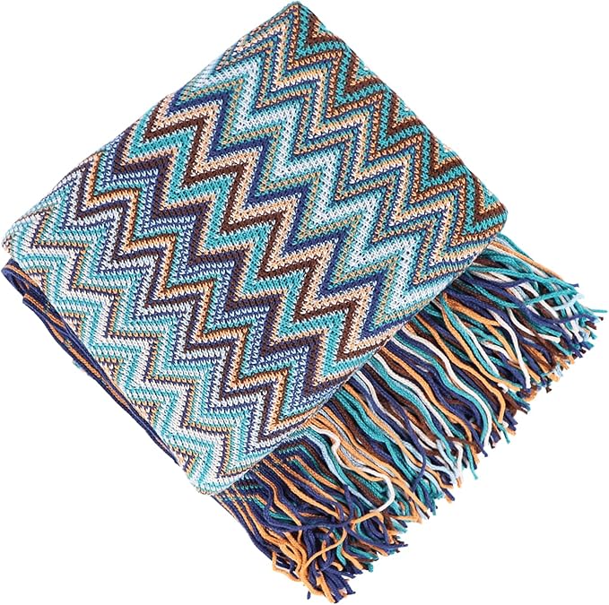 Boho Throw Blanket - Bohemian Fringe Tassels， for Bed Couch Soft ChairBlanket Double Sided (50"x70") (Blue)-Ruum Studio Home