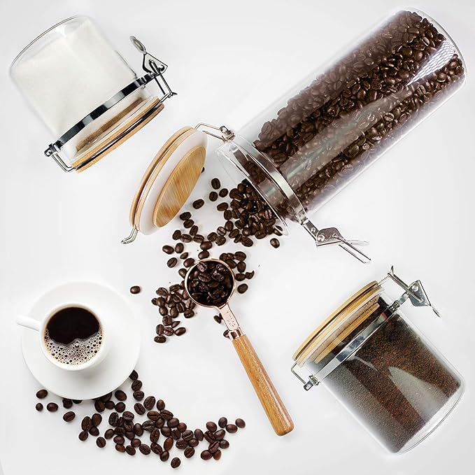 Urban Green Borosilicate Glass Storage Jars with Airtight Locking Clamp Lids, Airtight Canister Set，Coffee Set of 3 with Spoon (50oz, 24oz, 18oz), Storage Containers with Bamboo Lid-Ruum Studio Home