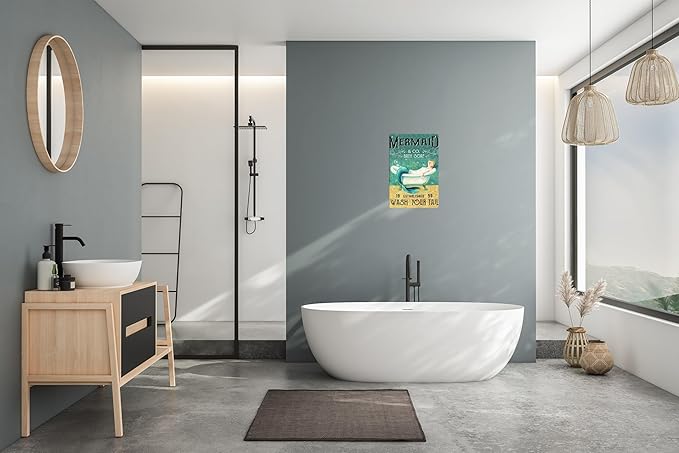 Mermaid Decor Gifts Funny Bathroom Decor Wall Art Coffee Bar Vintage Metal Tin Sign - Wash Your Tail - Office Home Toilet Signs Wall Decor Pictures 8 X 12 Inch-Ruum Studio Home