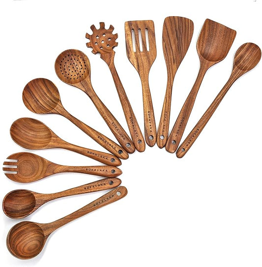 11 Pcs Wooden Kitchen Utensils Set - Wooden Spoons, Spatulas and More for Cooking-Ruum Studio Home