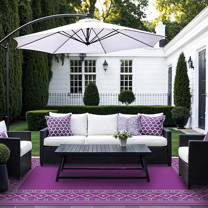 GENIMO Outdoor Rug Waterproof 6'x9' for Patio, Foldable Reversible Plastic Straw Carpet for Travel Trailers, Outside Area Mat for Rv, Deck, Picnic, Porch, Camper, Balcony, Beach, Purple & Grey-Ruum Studio Home