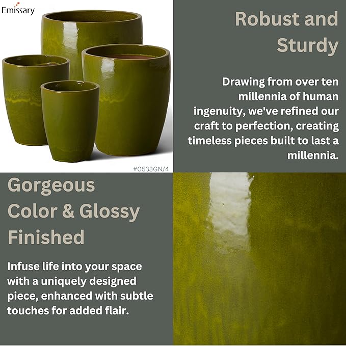 Emissary Bullet 18 in. Green Ceramic Round Planter (18 in. L x 18 in. W x 21 in. H) with Drainage Hole-Ruum Studio Home