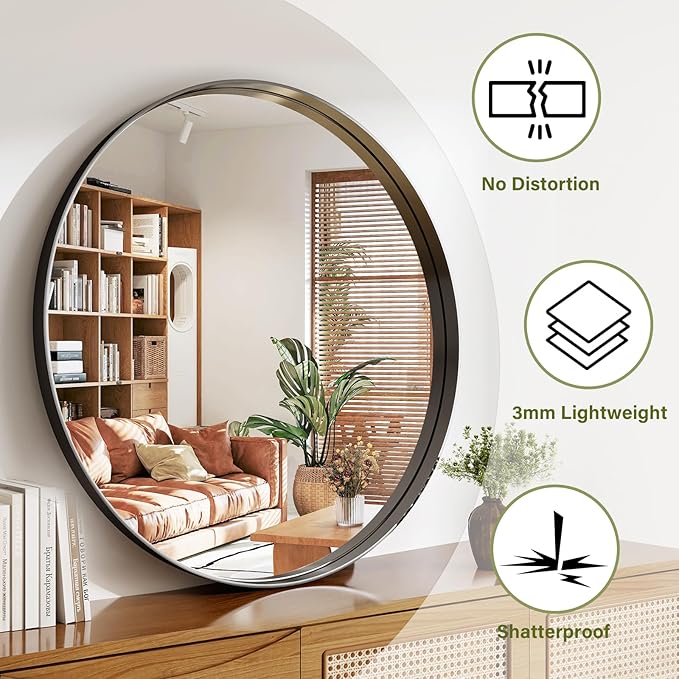 36 Inch Round Bathroom Mirror - Wall Mounted Circle Mirror with Metal Frame, Modern Mirror Suitable for Bathroom, Vanity, Entryway, Living Room, Wall Decor,Black-Ruum Studio Home
