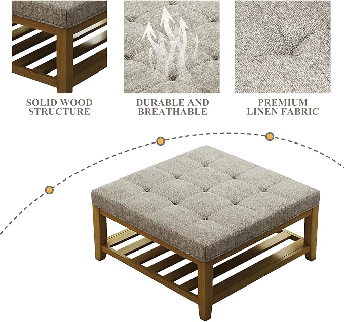 Large Square Ottoman Coffee Table, Linen Solid Upholstered Footrest Ottoman with Solid Wood Shelf Storage Tufted Coffee Table for Bedroom Living Room, Linen-Ruum Studio Home