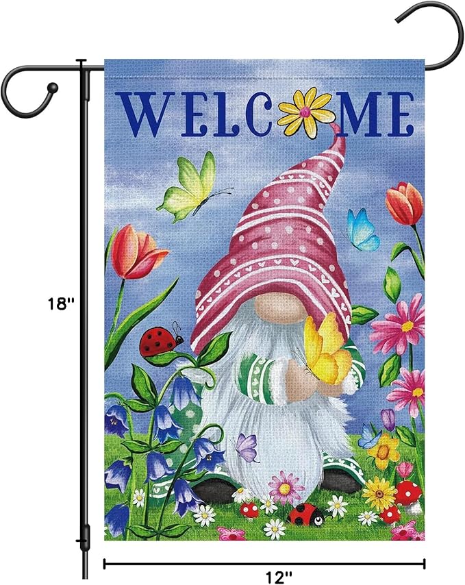 Welcome Spring Gnome Garden Flag 12x18 Double Sided Burlap Butterfly Floral Garden Yard Flags for Spring Summer Rustic Seasonal Outside Outdoor House Decoration (ONLY FLAG)-Ruum Studio Home