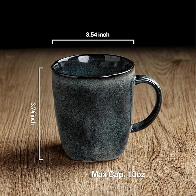 famiware Coffee Mugs Set of 4, Ocean Square 13oz Coffee Cup Set with Handle for Cocoa, Milk, Hot Chocolate, Stoneware Cups for Kitchen, Reactive Glaze, Microwave and Dishwasher Safe, Deep Forest-Ruum Studio Home
