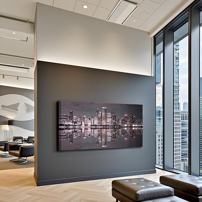 Conipit Chicago Wall Art Chicago Skyline Artwork City Night Downtown Picture Cityscape Painting Framed for Bedroom Home Office Decor 24"x48"-Ruum Studio Home