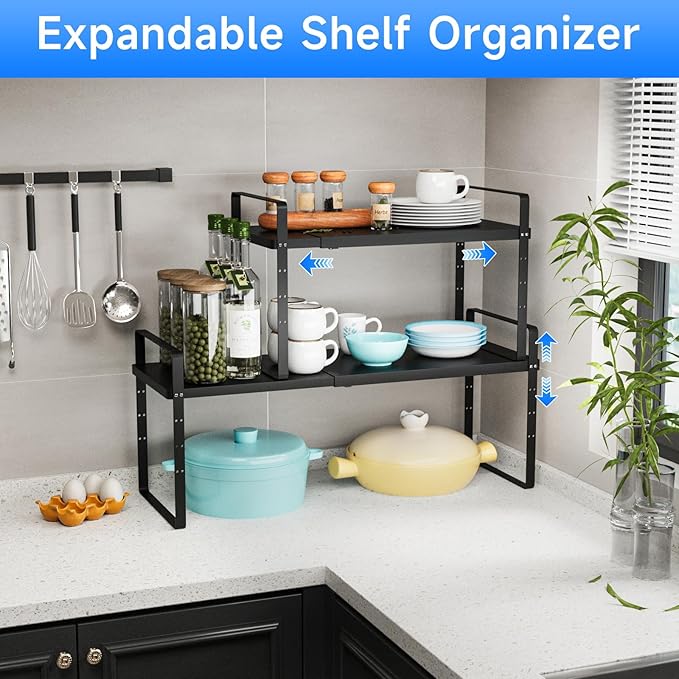 Expandable Cabinet Shelf Organizer, Stackable Kitchen Pantry Counter Storage, Adjustable Closet Cupboard Stand Rack Risers Spice Organization 80LBS Heavy Duty Black 2 Pack-Ruum Studio Home