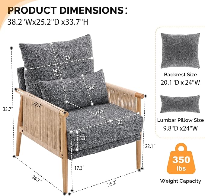 VINGLI Boho Braid Accent Armchairs Set of 2,Mid-Century Modern Chiars with Solid Wooden Armrest,Comfy Louge Cushion Chairs with Waist Pillow for Bedroom,Living Room,Reading Room, Gray-Ruum Studio Home