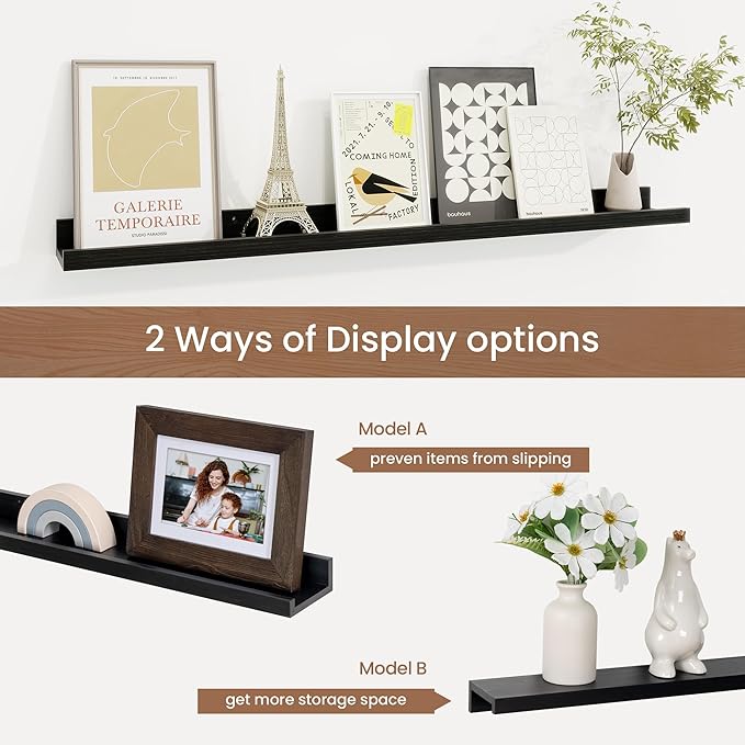 Picture Ledge Shelf, Solid Pine Wood Floating Shelves Set of 2, 32 Inches Nursery Book Shelves for Toys Storage, Kids Bookshelf Wall Mounted for Living Room Bedroom Decor Books Photo Frames, Black-Ruum Studio Home