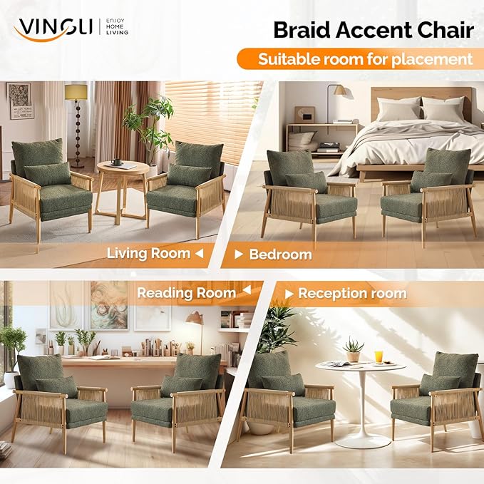 VINGLI Boho Braid Accent Armchairs Set of 2,Mid-Century Modern Chiars with Solid Wooden Armrest,Comfy Louge Cushion Chairs with Waist Pillow for Bedroom,Living Room,Reading Room, Dark Green-Ruum Studio Home