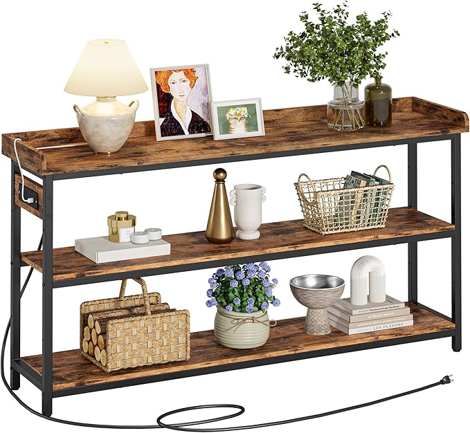 IRONCK Console Table, Sofa Table with Power Outlet, Farmhouse Hallway Table for Entryway, Living Room, Height Adjustable, Easy Assembly, Rustic Brown,55"-Ruum Studio Home