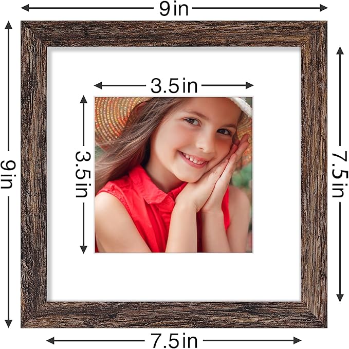 Vittanly 8x8 Picture Frames Set of 9, Shatter Resistant Plexiglass, Display 4x4 Pictures with Mat or 8x8 without Mat, Photo Frames for Wall Mount, Engineered Wood, Brown-Ruum Studio Home