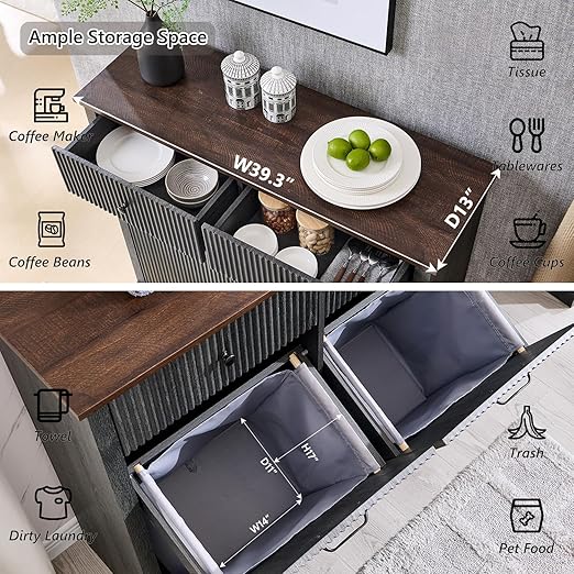 Modern Double Tilt-Out Trash Cabinet, 20 Gallon Fluted Laundry Hamper Cabinet with 2 Drawers, Wooden Hidden Garbage Can Cabinet with Storage Basket, Free Standing for Kitchen & Living Room, Grey-Ruum Studio Home