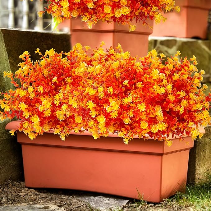 12 Bundles Artificial Fall Flowers No Fade Faux Autumn Plants, Fake Indoor Outdoor Greenery Decorations for Thanksgiving Christmas Wedding Party Home Garden Fireplace Décor (Fall Orange)-Ruum Studio Home