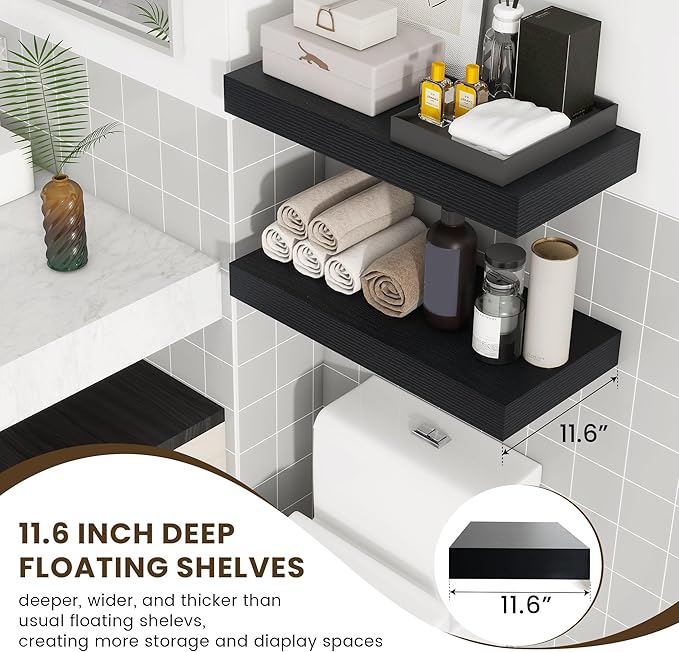 Deep Floating Shelves for Wall, 24W x 12D Black Floating Shelves Set of 2, 12'' Deep Large Wood Shelves for Living Room Bathroom Laundry Room Bedroom Kitchen Home Office - Black-Ruum Studio Home