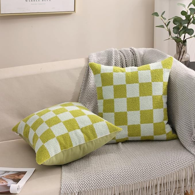 Alysheer Checkered Embroidered Decorative Throw Pillow Covers 18"x 18" Set of 2, Farmhouse Cottage Blue Green Designer Plaid Patterned Cotton Accent Cushion Case for Sofa Couch Bed Living Room-Ruum Studio Home