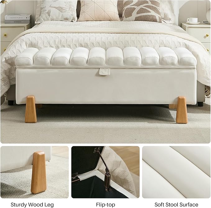Storage Ottoman Bench for Bedroom Small Spaces 48.6 Inch with Hinged Lid Solid Wood Tapered Legs Tufted Upholstered Fabric for Living Room & Bedroom, Beige-Ruum Studio Home