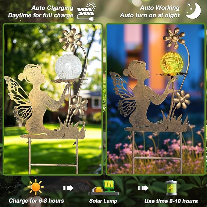 HONGLAND Solar Garden Lights Outdoor Decor, Fairy Figurine Moon Crackle Glass Lights Stake, Housewarming Ornament for Patio, Lawn, Yard, Pathway - Unique Gardening Gifts for Women Mom Grandma-Ruum Studio Home