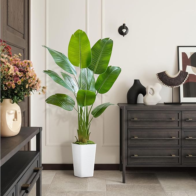 Lifelike Bird of Paradise Silk Artificial Plant Faux Banana Leaf Tree for Home Decor - Perfect Indoor Floor Plant with 9 Trunks (1, White Tall Planter, 5 FT)-Ruum Studio Home