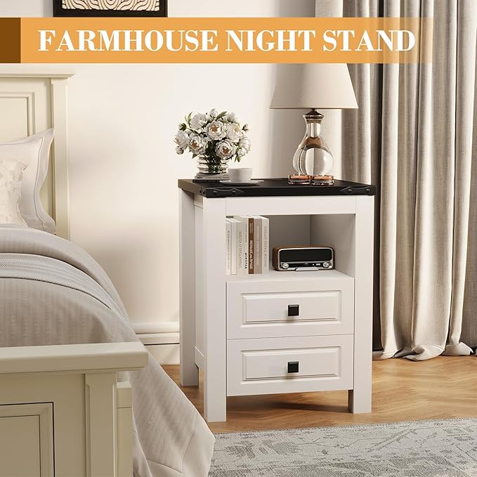 Apicizon End Table Set of 2, Farmhouse End Tables with Charging Station, Nightstand with Drawers and Storage Cabinet, Small Coffee Table for Small Spaces, Sofa Side Table for Living Room, Bedroom-Ruum Studio Home