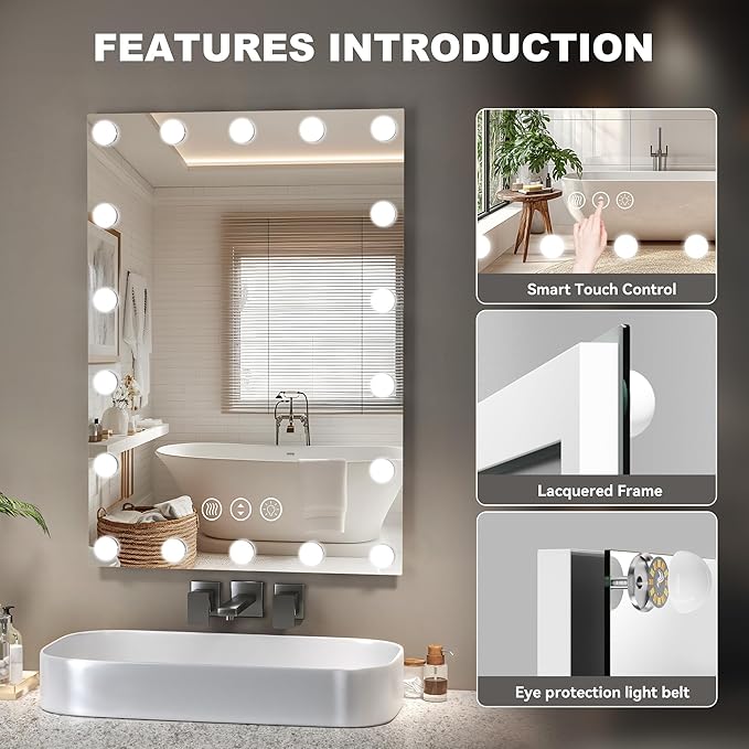 Hasipu LED Bathroom Mirror with Lights, 32" x 32" Hollywood Wall-Mounted Bathroom Mirror with 16 Dimmable Bulbs, 3 Colors Modes, Touch Control, Anti-Fog, Memory Function, Shatter-Proof, ETL Listed-Ruum Studio Home