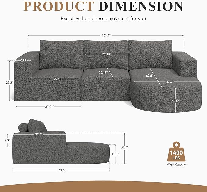 Modular Sectional Sofa with L-Shape Chaise,Cloud Sectional Modern Sleeper Couch with Deep Seat,Sponge Compression Sofas No Assembly Required(Gray-Corduroy Fabric) 1PCS-Ruum Studio Home