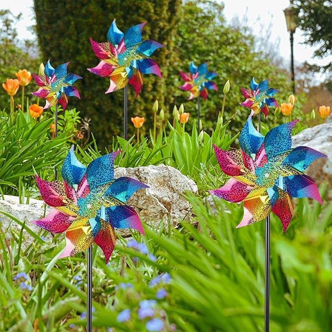 Hausse 10 Pack Reflective Pinwheels Wind Spinner, Extra Sparkly Rainbow Pinwheel with Stakes, Bird Repellent Blinder Devices Deterrent to Scare Birds Away from Yard Patio Farm Garden, Colorful-Ruum Studio Home
