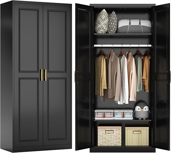 71" Metal Armoire Wardrobe Closet with 2 Doors, Tall Wardrobe Cabinet with Hanging Rod and Adjustable Shelves, Black Clothing Storage Cabinets for Bedroom, Laundry Room, Home Office-Ruum Studio Home