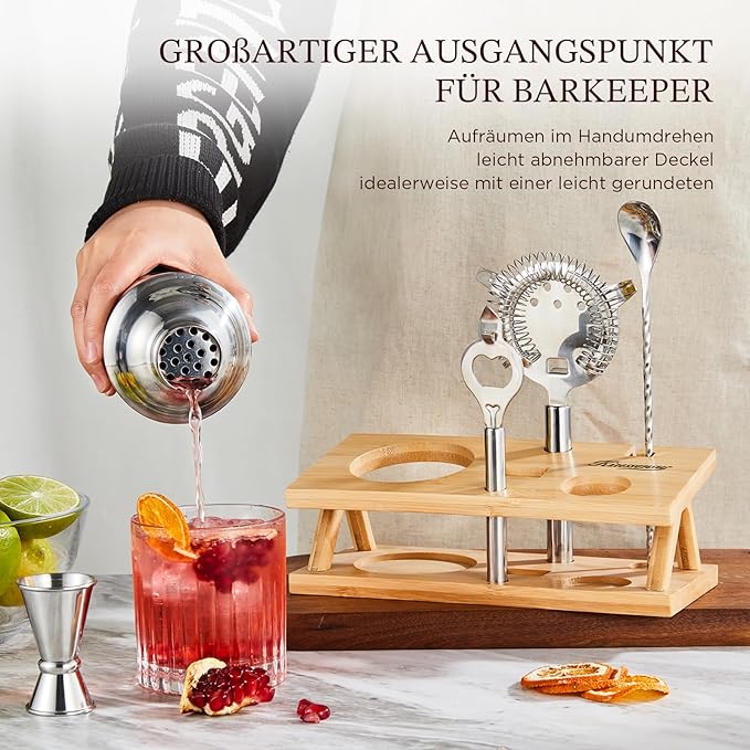 KITESSENSU Cocktail Shaker Set Bartender Kit, 6-Piece Silver Bar Set with Stand, Bar kit with Essential Bar Accessory Tools: Martini Shaker, Jigger, Strainer, Bar Spoon, Tongs, Opener-Ruum Studio Home
